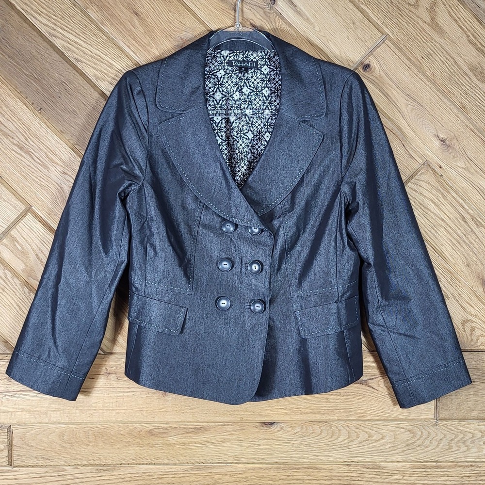 Tahari Womens Blazer Jacket Size 12 Charcoal Gray Double Breasted Floral Lining